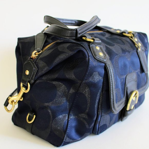 Vintage Y2K Coach Black/Navy Metallic Large Front Flap Carryall Satchel Purse - Picture 4 of 15